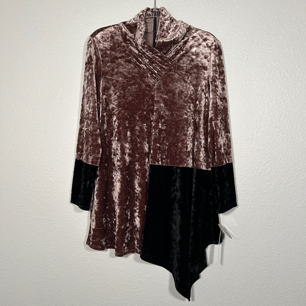 IC by Connie K size L tunic top crushed velvet black brown asymmetrical NEW